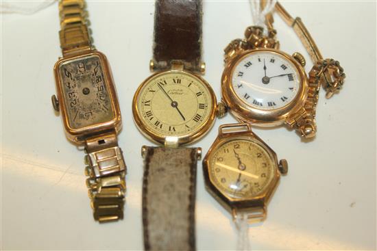 Ladies silver gilt Cartier (AF), 14ct gold watch and 2 9ct watches